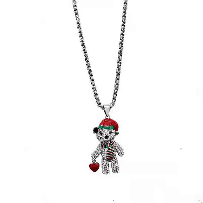 Collier Hip Hop en Acier Titane avec Pendentif Ours pour Hommes & Femmes, Chaîne Pull pour Automne/Hiver
