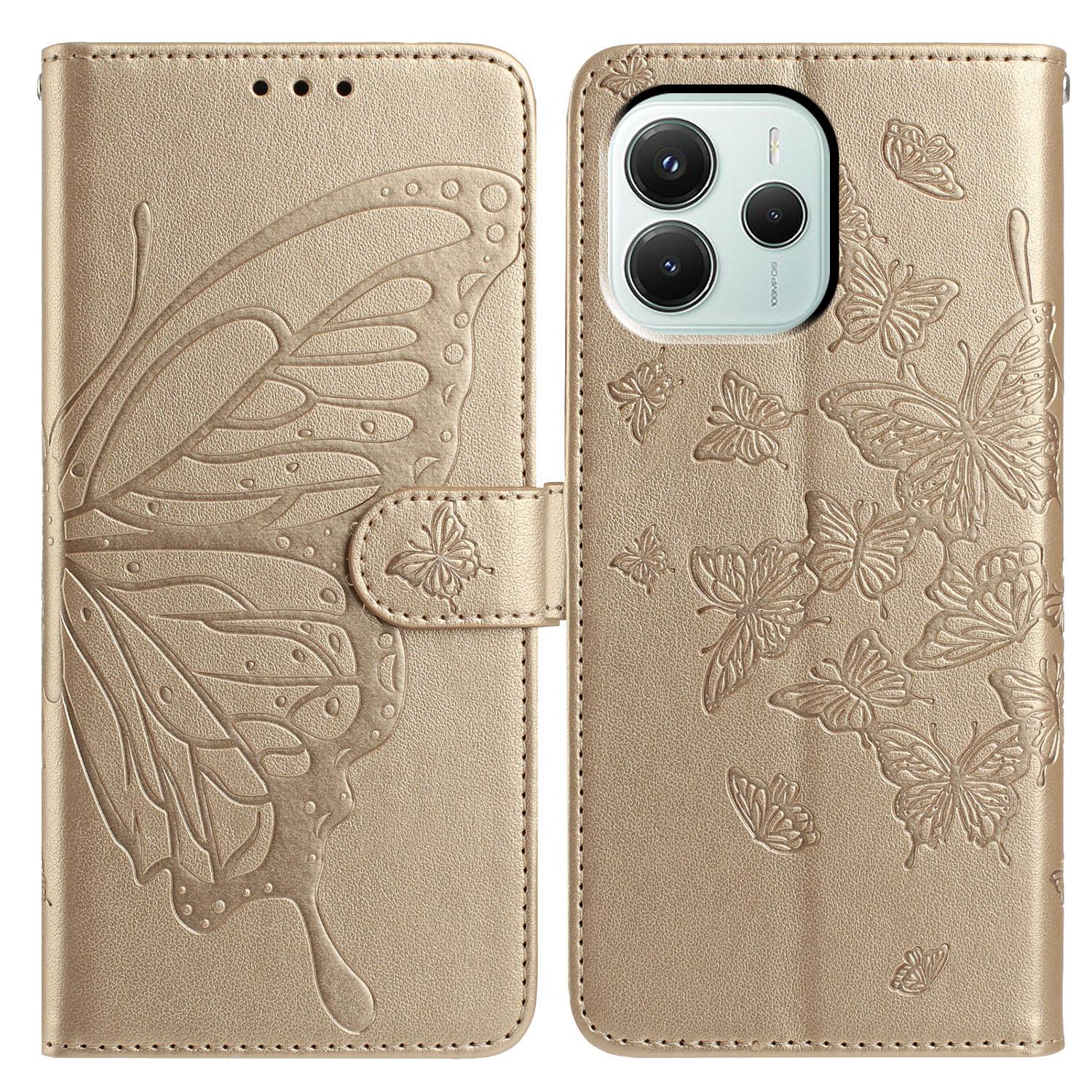 

For Xiaomi Redmi Note 14 5G Case Butterfly Imprinted Wallet Stand PU Leather Flip Phone Cover with Strap Gold