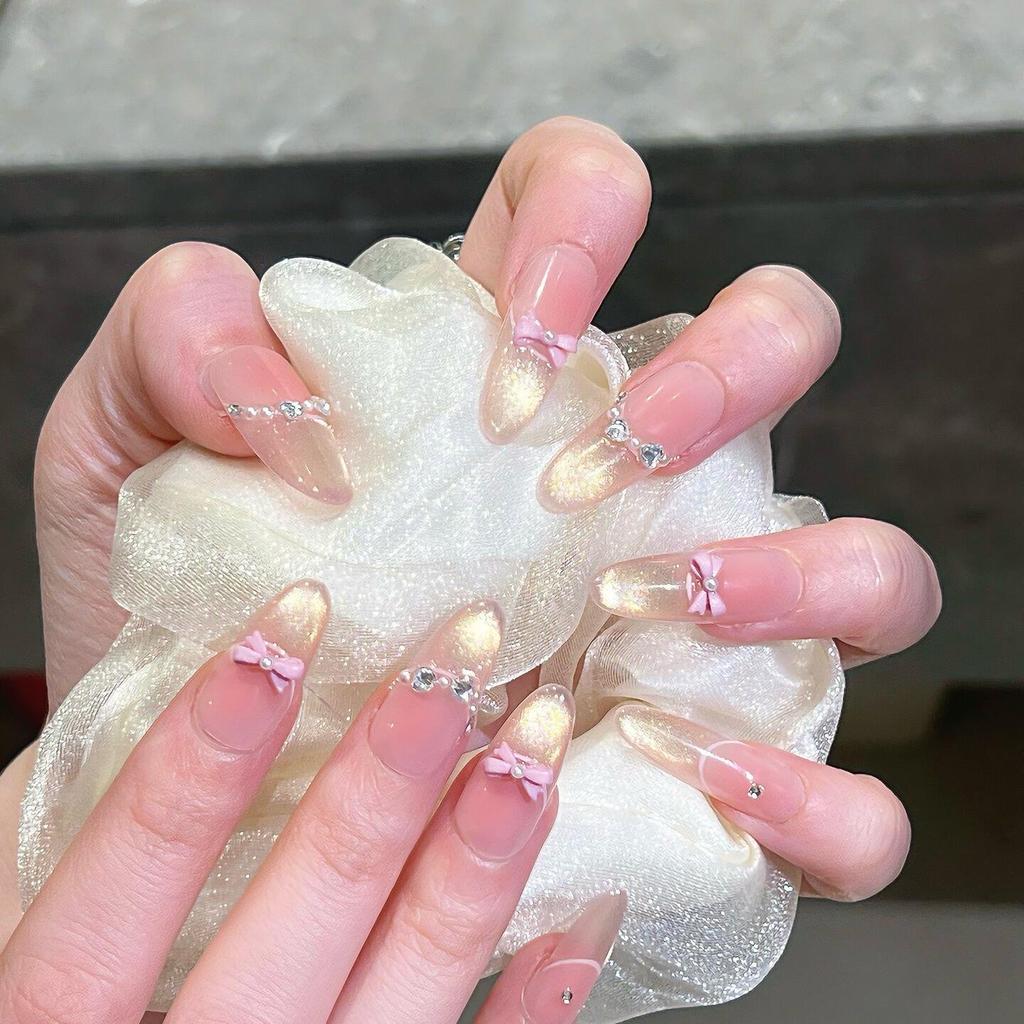 Blush French Cat Eye Princess Bow Nails - Handmade Wearable Nail Art