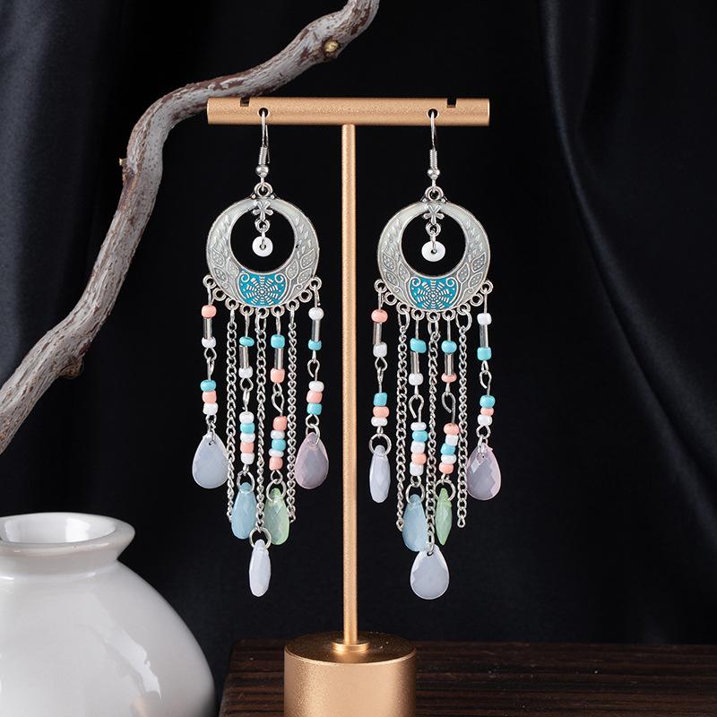 Bohemian Ethnic Style Earrings For Women'S High-End Super Fairy Long Earrings, Water Drop Beaded Fringed Earrings, Ear Jewelry.