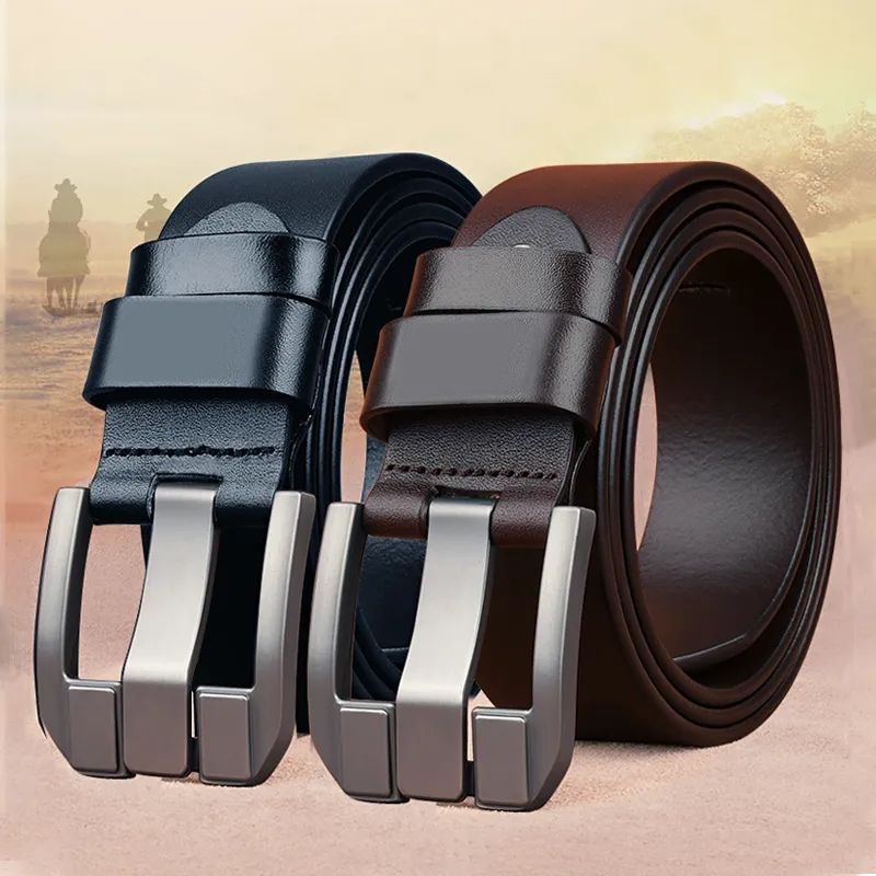 Color Solid Men Leather Belt With Geometric Style And Durable Alloy Pin Buckle