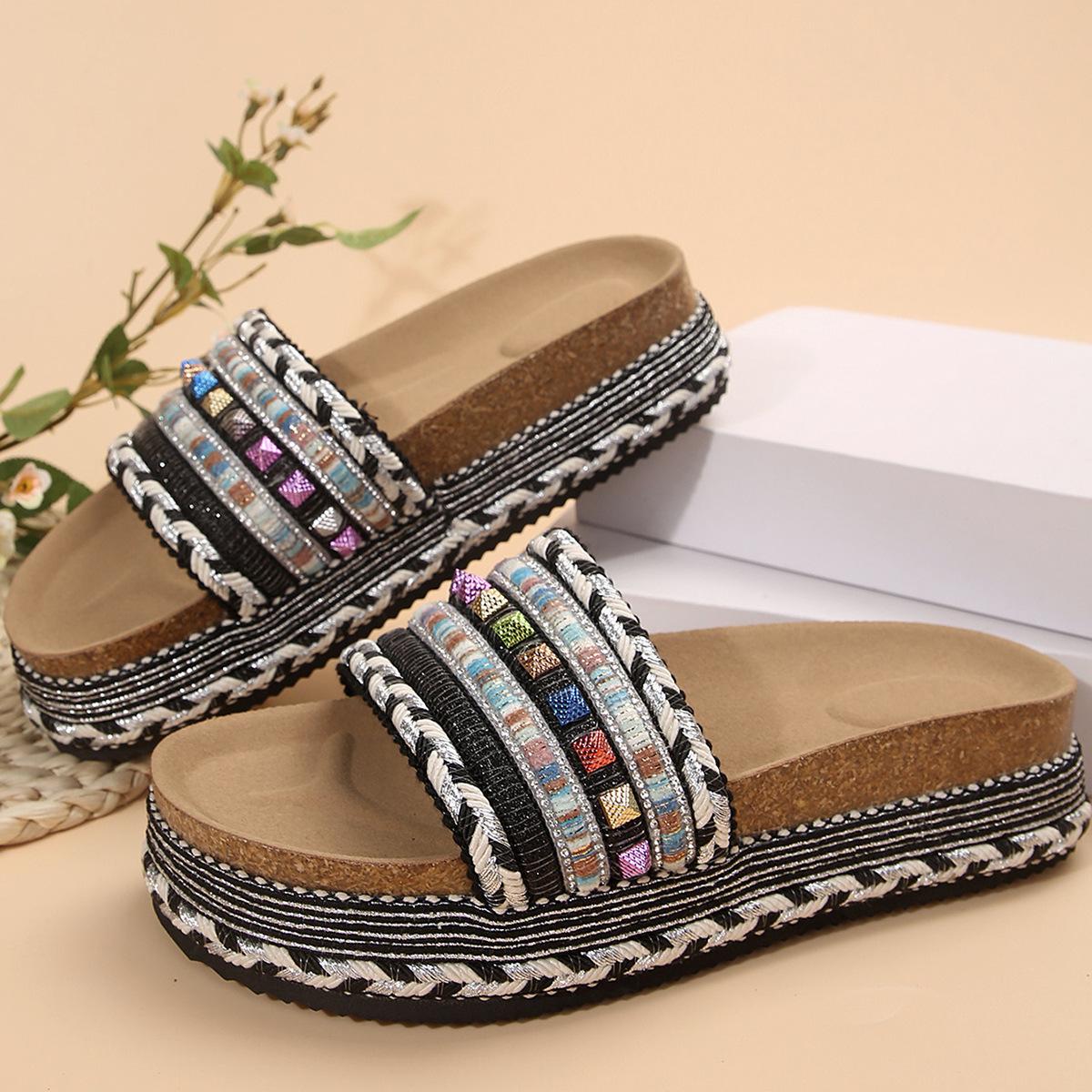 

Тапочки женские в этническом стиле с толстой подошвой, одно слово, европейские и американские, большого размера, из пеньковой веревки, одно слово, пляжные тапочки, женская обувь 36 чёрный