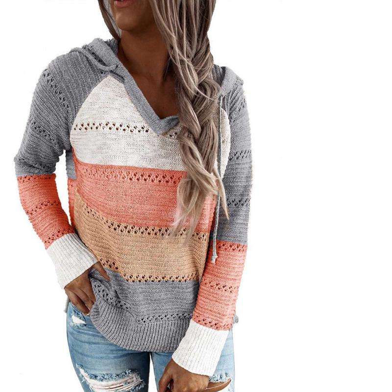 Damenmode Tops Casual Patchwork V-Ausschnitt Langarm Kapuzenpullover Bluse Nickerchen