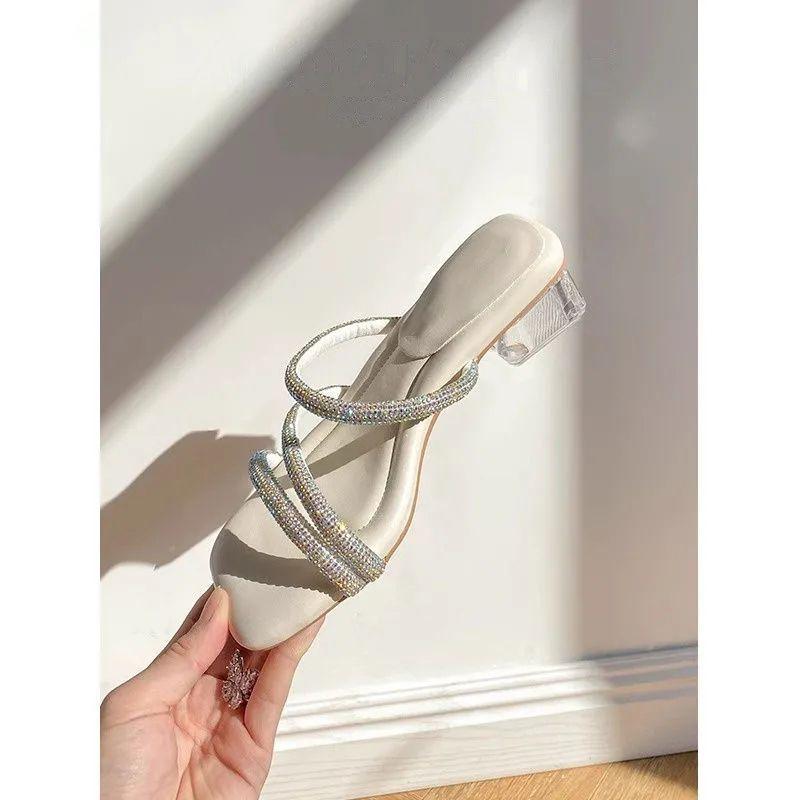 2025 Summer New Rhinestones Open-toed Thick High Heels Open-toed Sandals Women's Simple Square Head One-word Slippers