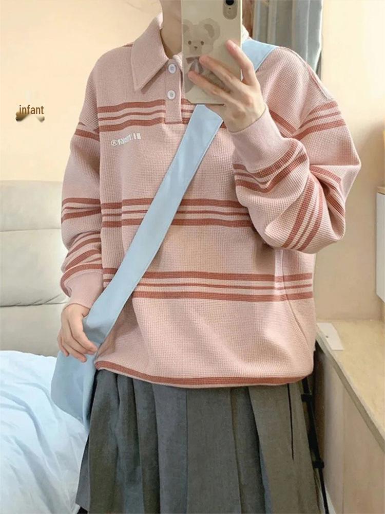 Women's Retro Waffle Polo Collar Sweatshirt - Autumn/Spring Loose Fit College Style Pullover, Small Size