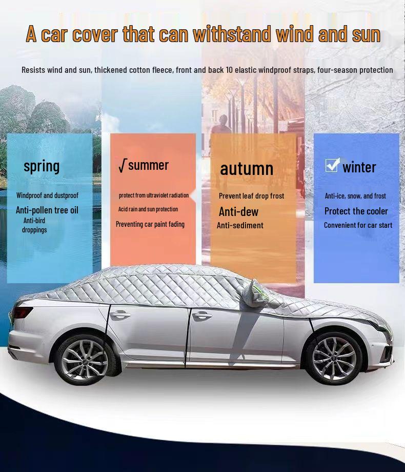 Thickened Fleece Cotton Half Car Cover: Sun, Snow, and Rain Protection with Summer Heat Insulation and Anti-Freeze Features