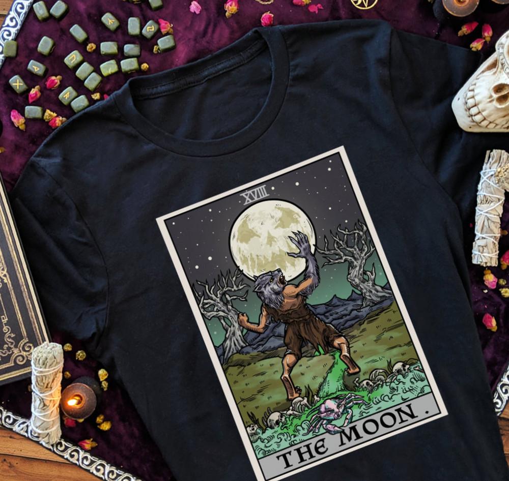 Moon Tarot Card Werewolf T-shirt Goth Horror Spooky Halloween Graphic Unisex Tee