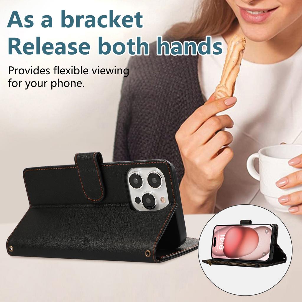 For iPhone 15 Pro Case Multi Card Slots Zipper Leather Phone Cover with Wrist Strap