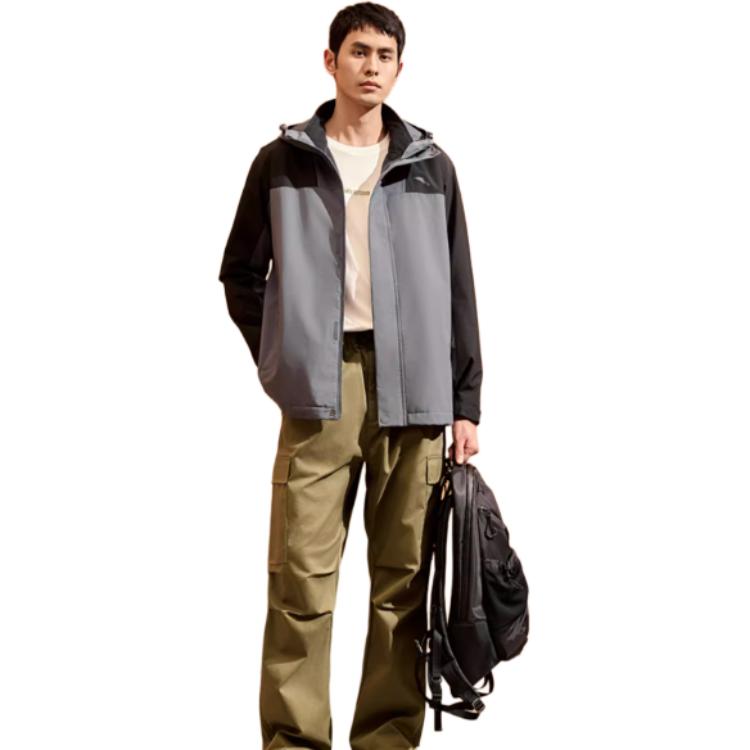 Anta Three In One Detachable Hooded Color Block Zipper Warm Waterproof Jacket Men Outerwear Castle-Gray Mud-Lime 152447629-6