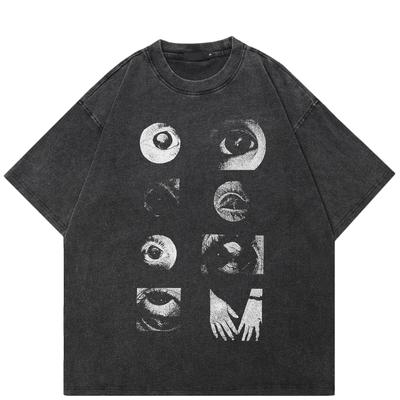 T-shirt grafica Streetwear Eyes, in cotone lavato, nera, unisex, estiva, a maniche corte