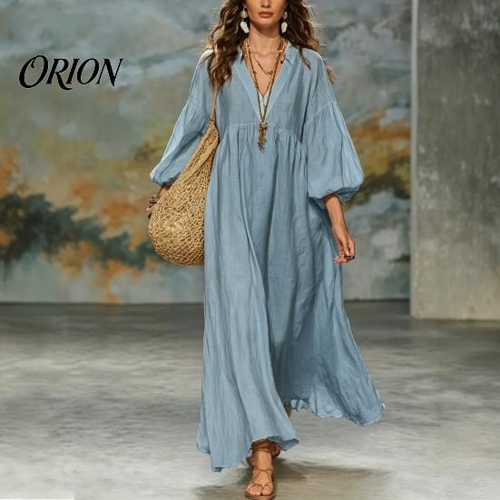 Comfortable Women Dress Women's Deep V Neck Maxi Dress, Puff 3/4 Sleeve Elegant Casual A-Line Flowy Loose Boho Beach Sundress Versatile