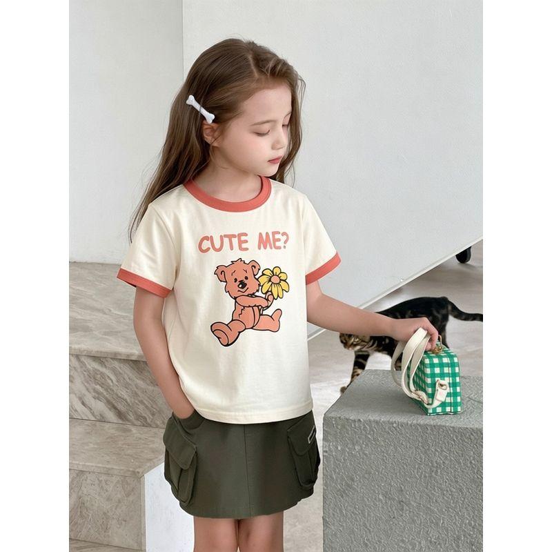 27Home Brand Children's Clothing 2026 Summer New Style Children's Cartoon Bear Pure Cotton Short-Sleeved T-Shirt Baby Girl Clothes