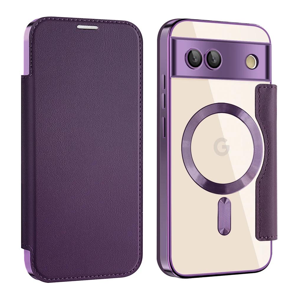 Luksusowy skórzany portfel Klips na karty Magnetyczne Przezroczyste etui na telefon do Google Pixel 9 10 Pro XL 10Pro 9Pro 9A 8A 7A Poszywane Etui z klapką