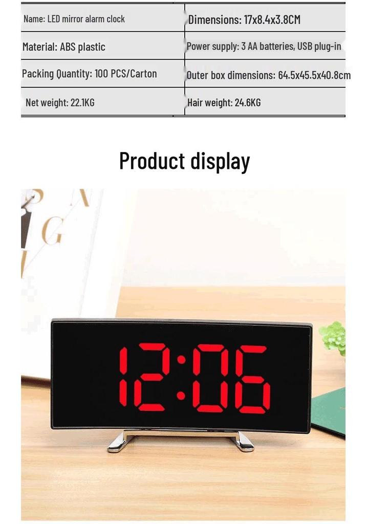 Curved LED Mirror Alarm Clock with Thermometer for Students