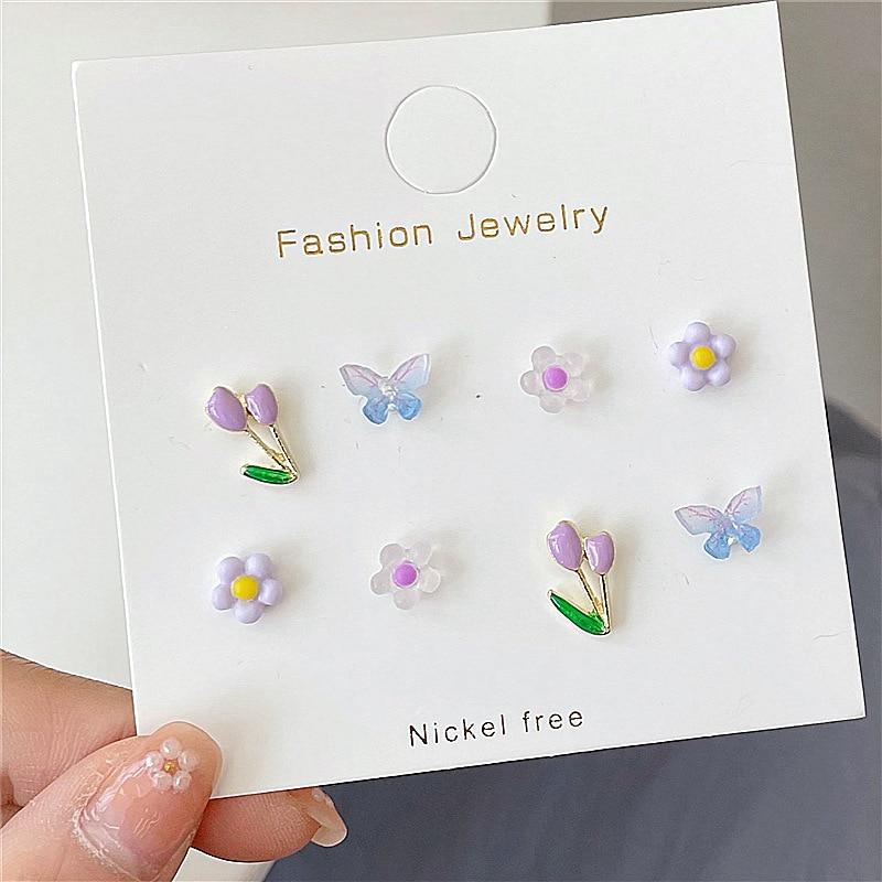 8 Pcs/set Girl Cute Acrylic Butterfly Flower Earrings Irregular Geometric Mini Studs Earrings Women Jewelry