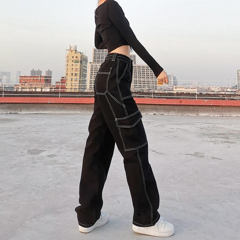 Pantaloni Cargo Streetwear Urbani, Pantaloni a Gamba Dritta Larghi a Vita Alta con Tasche Multiple, Jeans Neri Casual da Donna