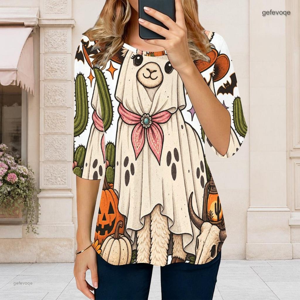 Women Plus Size Round Neck 3 4 Sleeve Printed T Shirt Black Cartoon Stationery Curved Hem