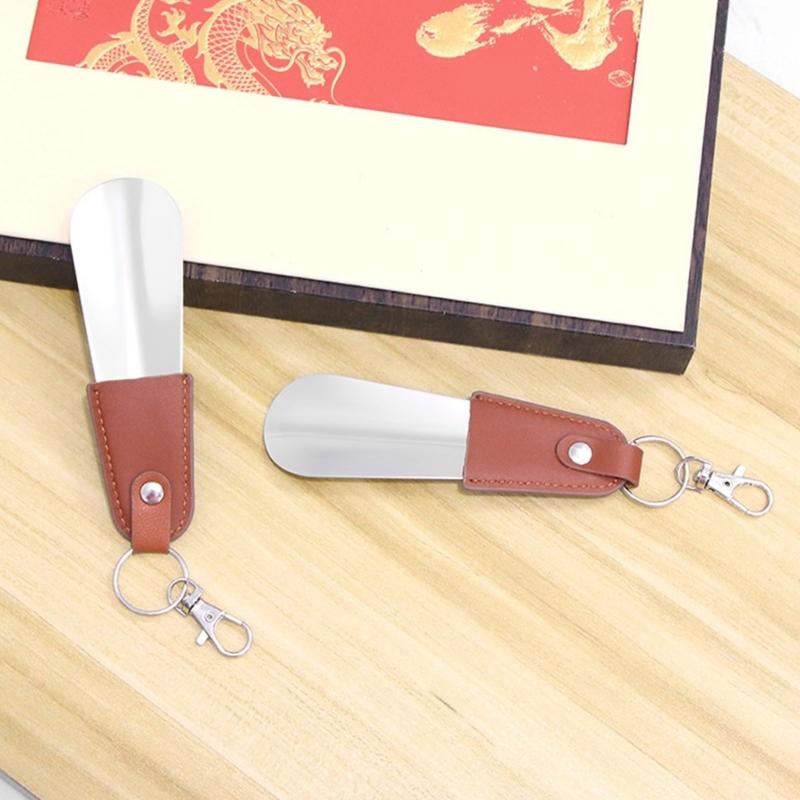 Stainless Steel Shoe Horn With Leather Strap and Keychain Compact Portable Design For Travel Kids Elderly Footwear Aid