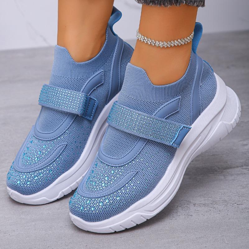 Damen Überweite Kristallverzierte Flyknit Sneaker - Deep-V Plateau Freizeitschuhe mit Perlenbesetztem Klettverschlussriemen, Atmungsaktive Mode-Sneaker