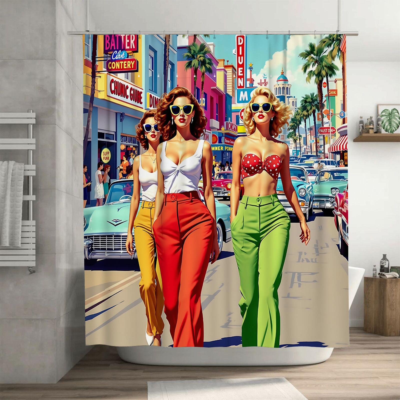 Dunika Chen Women's Vintage Style Shower Curtain With Bold Colors And Retro Illustration - Perfect For Home Decor Waterproof Durable