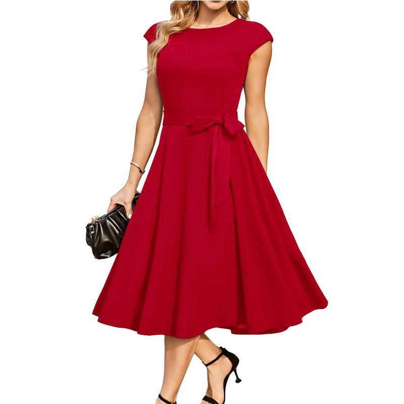 Cross-Border Summer Sleeveless Wine Party Gown with Round Neck and Lace-Up Waist M красный