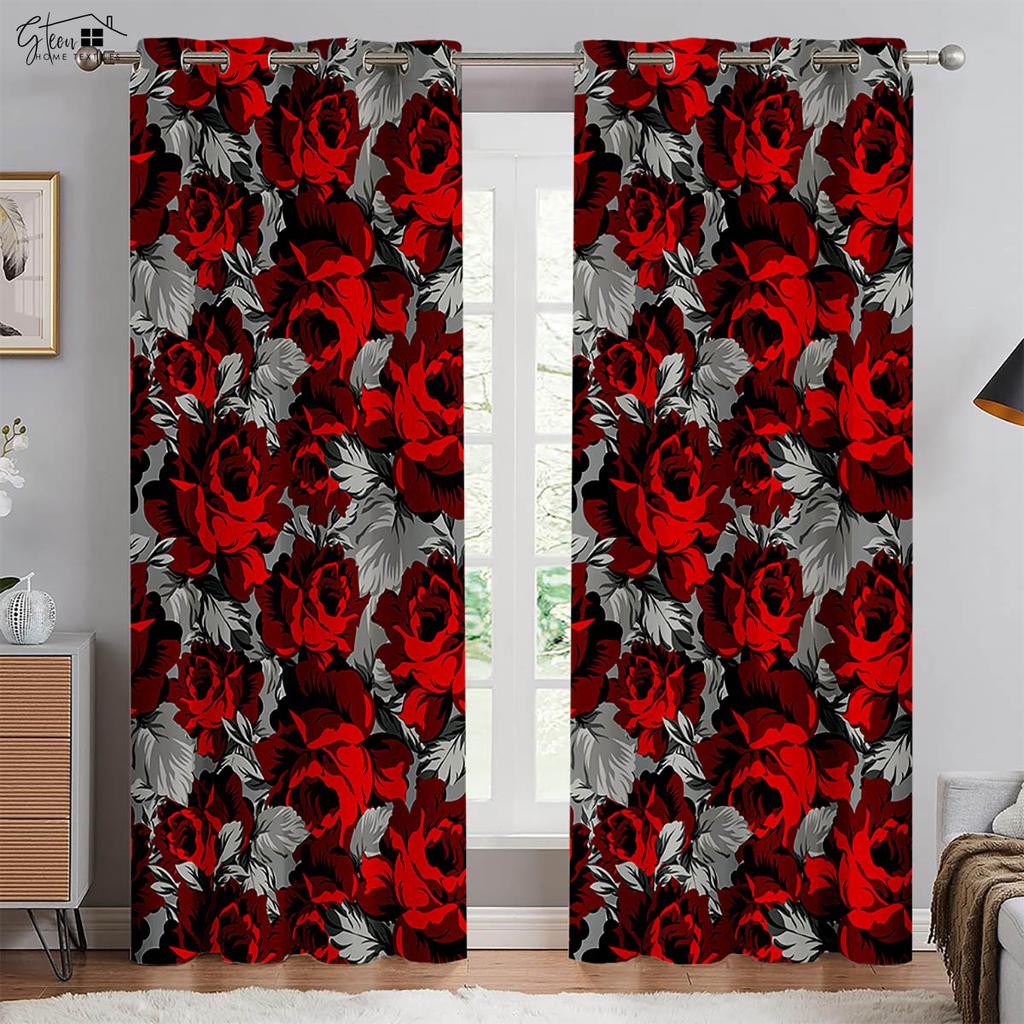 Retro Red Rose 3d Print Drapes Polyester Fiber Curtains Suitable For Bedroom Living Room Study Room Decorative Curtains 2 PCS