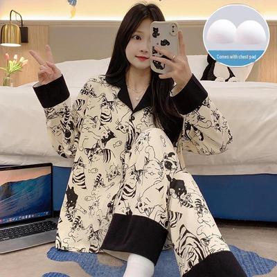 Cartoon-Pyjama-Set im japanischen Stil für Damen - Langärmiger Cardigan mit Brustpolster, Niedliche Homewear.