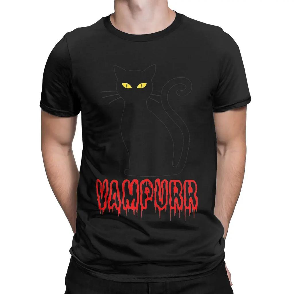 Vampurr Black Cat Halloween Gift T Shirt Men's Cotton Funny T-Shirt Round Collar Vampire Tee Shirt Short Sleeve Tops Gift Idea