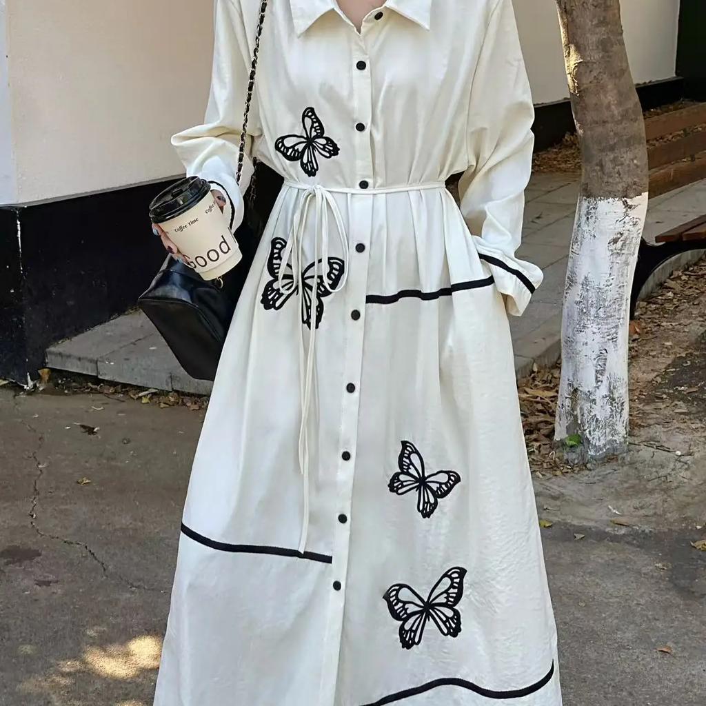 Ethnic Style Retro Butterfly Embroidered Midi Shirt Dress Loose Lace-up Single Breasted Casual Dress New Fashion Women's Clothes
