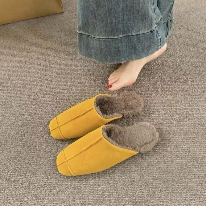 Women's Baotou Slippers Winter New Square Head Deep Mouth Splicing Suede Soft Sole Anti-slip Low Heel Shoes