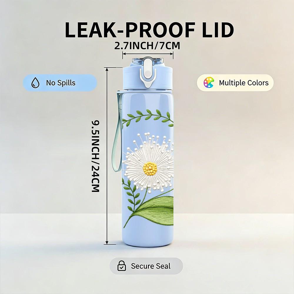 1PC Daisy Flower With Green Leaf Stem Print 750ml Color Plastic Sports Water Bottle Leakproof Flip Straw Lid Suitable for Sports Office Home Use