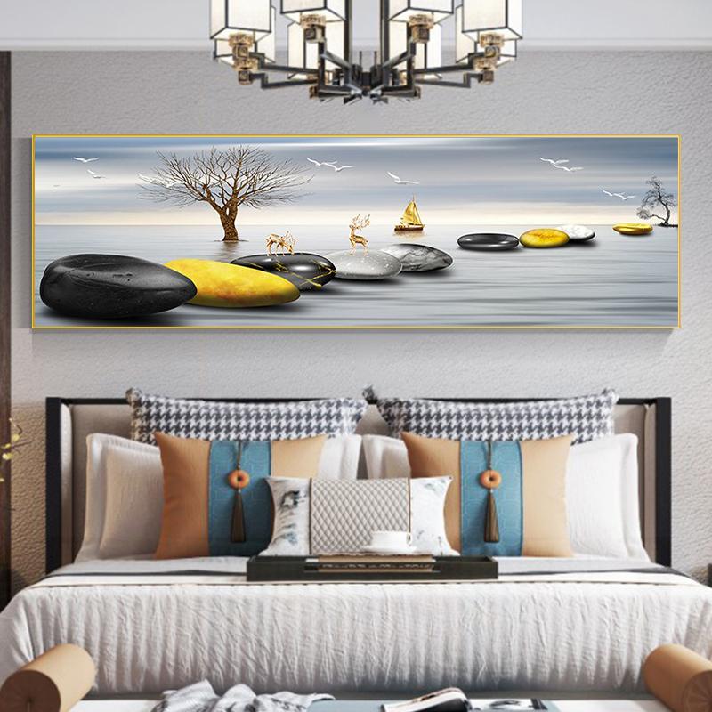 New Chinese Fengshui Golden Zen Stone Canvas Painting Wall Art Rich Tree Posters Gold Deer Prints for Living Room Home Decor