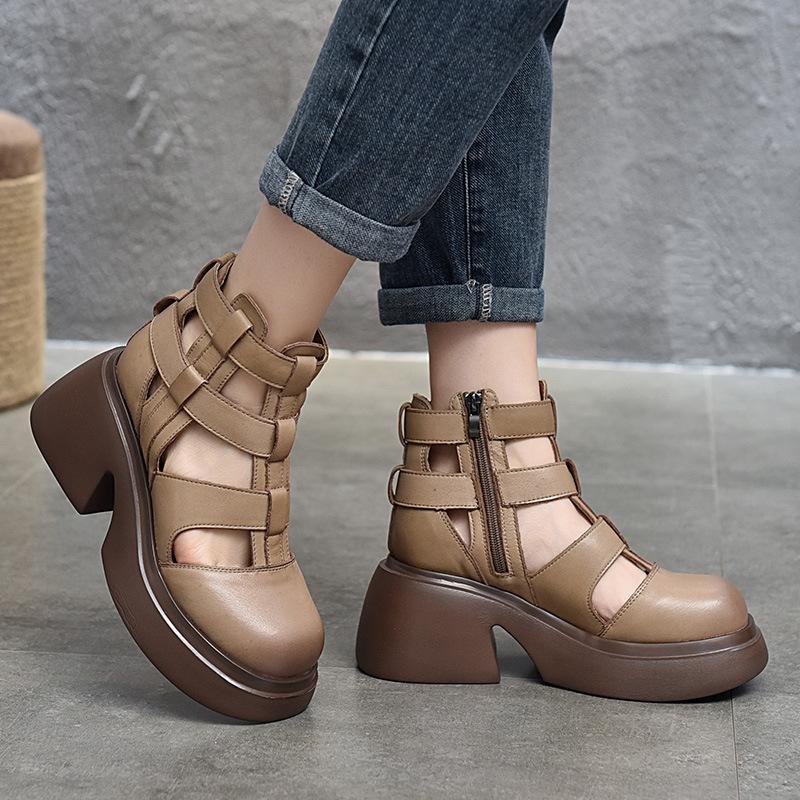 Fashion GKTINOO Women Sandals Summer Zipper Gladiator Boots Thick Soled 100% Genuine Leather Shoes Woman Handmade Platform Sandals