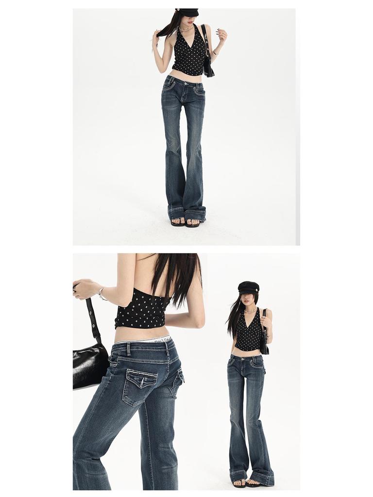 Women's Low-Waist Ripped Micro-Flare Jeans - Slimming Fit, Floor-Length, Autumn Style