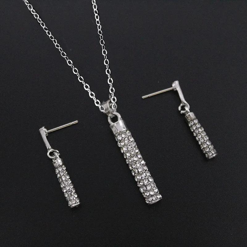 

Exquisite Luxury Shining Rhinestone Necklace Drop Earrings for Women Elegant Geometric Cylinder Pendant Necklace Jewelry Set New