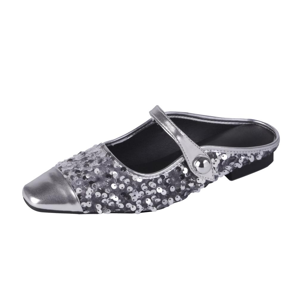 Grape Mother Autumn New Fashion Sparkling Sequins Single Shoes Women's Fashion Wear Comfortable Half To Muller Single Shoes Women