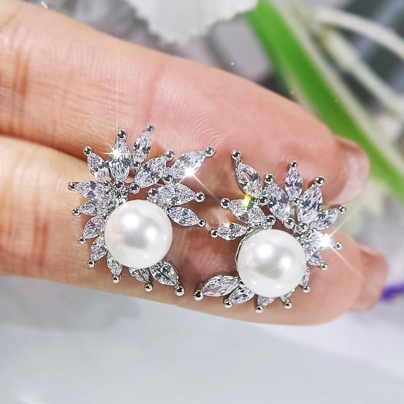 Group-inlaid Zircon Fashion Simulated Pearl Bead Pendant Earring Open Ring Set Decoration