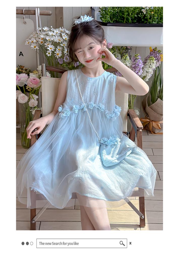 Girls' Summer Sleeveless Mesh Vest Dress 2026 New Mid Size Children's Western-style Princess Mint Style Dress