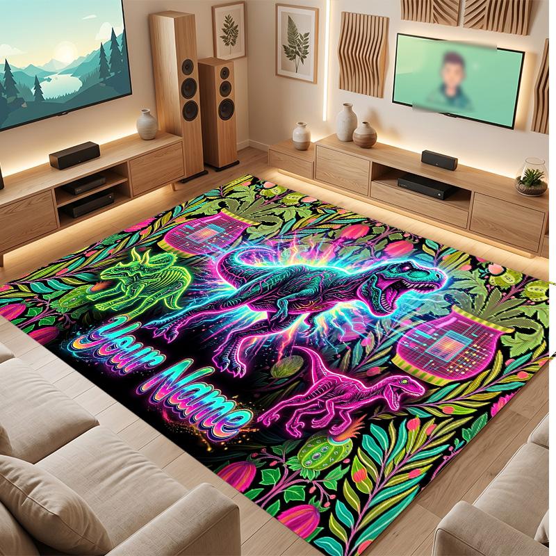 Dinosaur Theme Soft Crystal Velvet Rug Custom Name & Text Print Non Slip Floor Rug for Bedroom Living Room