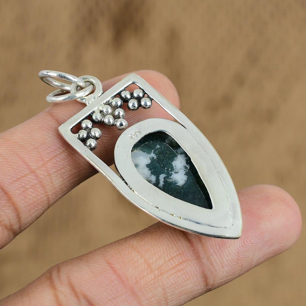Natural Solar Moss Agate Gemstone Pendant Green 925 Sterling Silver Jewelry