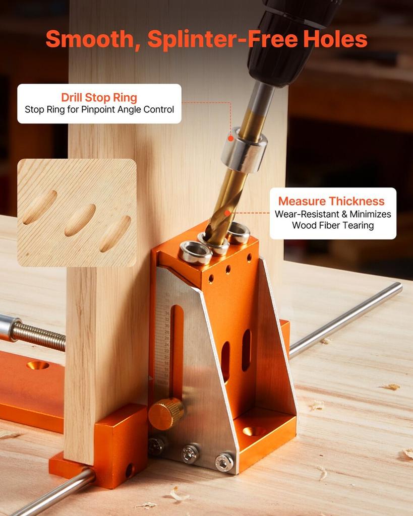 Pocket Hole Jig Kit, 12.7 to 38.1 mm Adjustable, Jig Pocket Hole System with Toolcase, C-Clamp, Step Drill, Hex Wrench, Drill Stop Ring, Square Drive