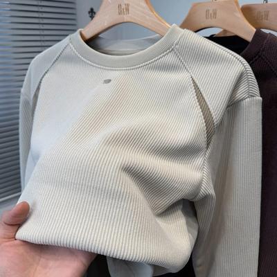 New Autumn Winter Spliced Round Neck Sweatshirts for Men Trendy Casual Loose Tops Versatile Velvet Bottoming Shirts