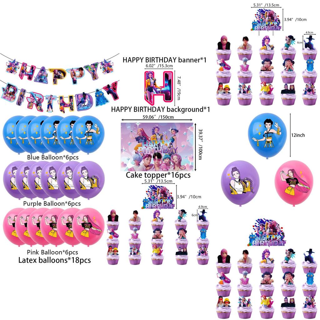 Kpop Demon Hunters Birthday Party Banner Decoration Set With Balloons And Background For Anime Fans