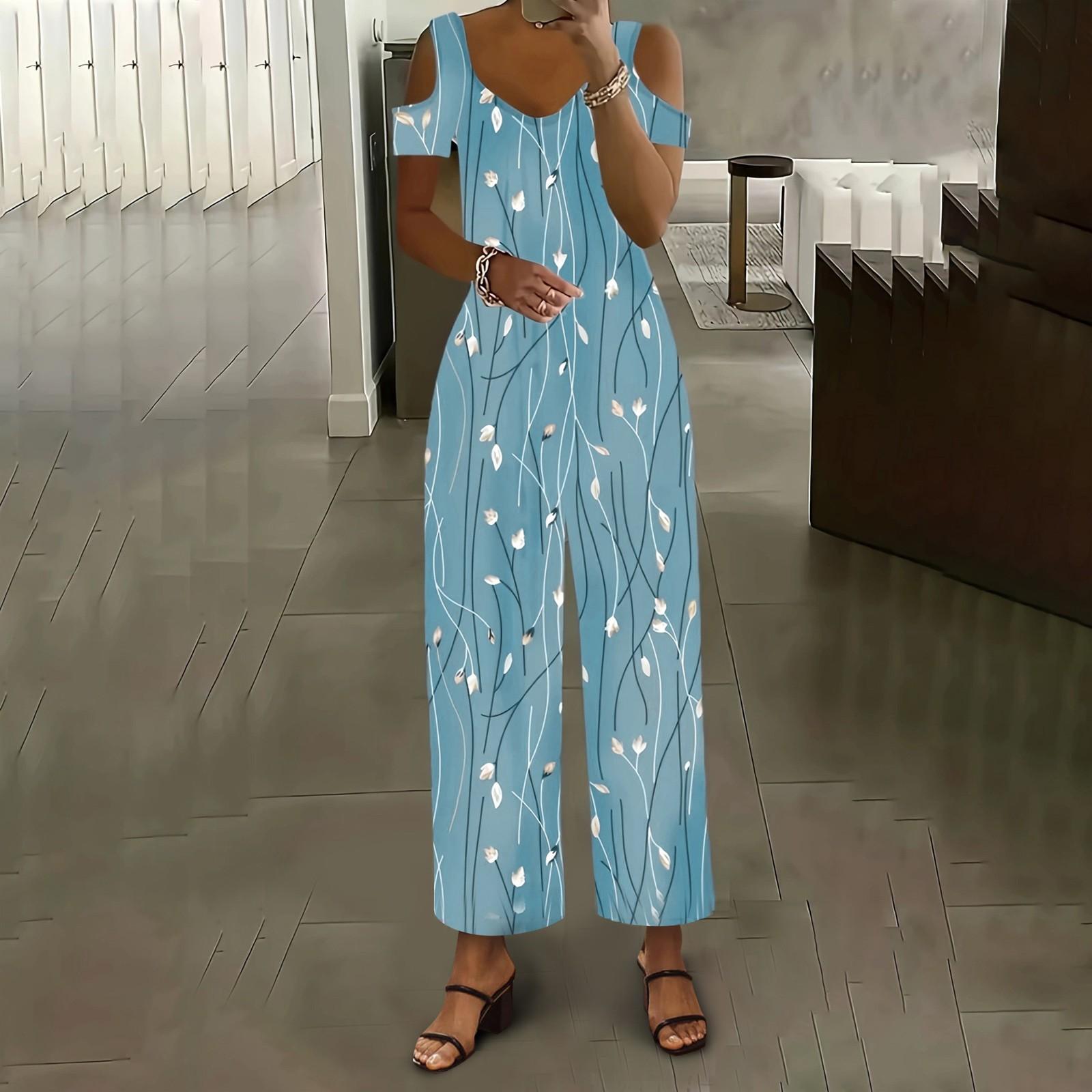 

Женский комбинезон обычного размера с принтом, короткими рукавами с открытыми плечами и свободными карманами XL синий