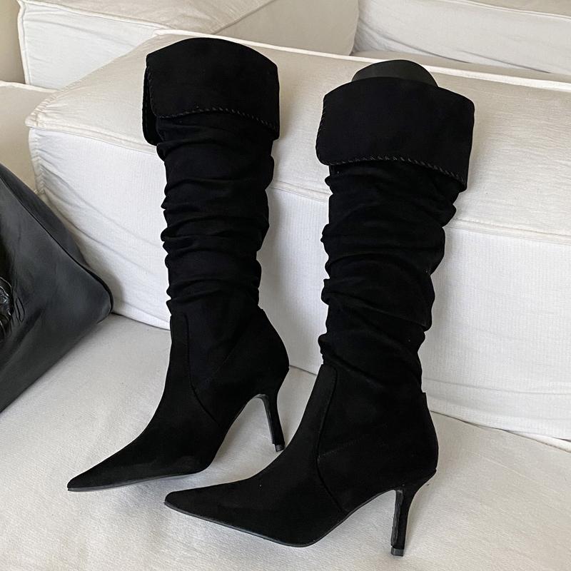 

Eilyken Sexy Thin High Heels Pointed Toe Women Knee-High Boots Designer Winter Pleated Turned-over Egdes Banquet Prom Shoes 35