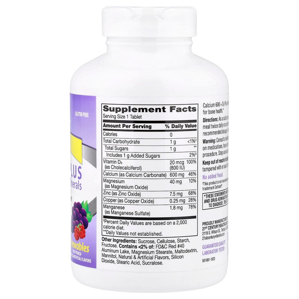 21st Century Sentry 600+D3 Plus Minerals Fruit Punch Chewable Tablets, 75 Count