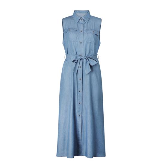 Turn-Down Collar Sleeveless Women Dress Belt Solid Color Single Breasted Denim Midi Dress Ladies Clothing