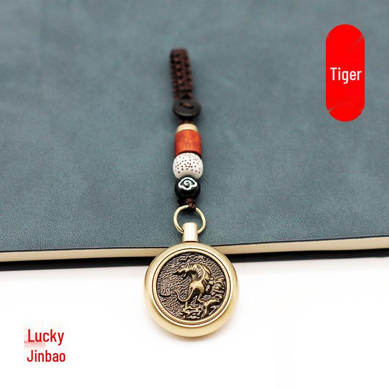Rotating Brass Zodiac Signs Vermilion Gourd Keychain for Wealth & Treasures