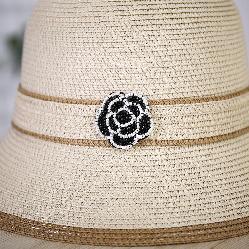 Xiaoxiangfeng Hat Straw Pot Hat Summer New Camellia Retro Bucket Hat Sunshade Sunscreen Beach Sun Hat