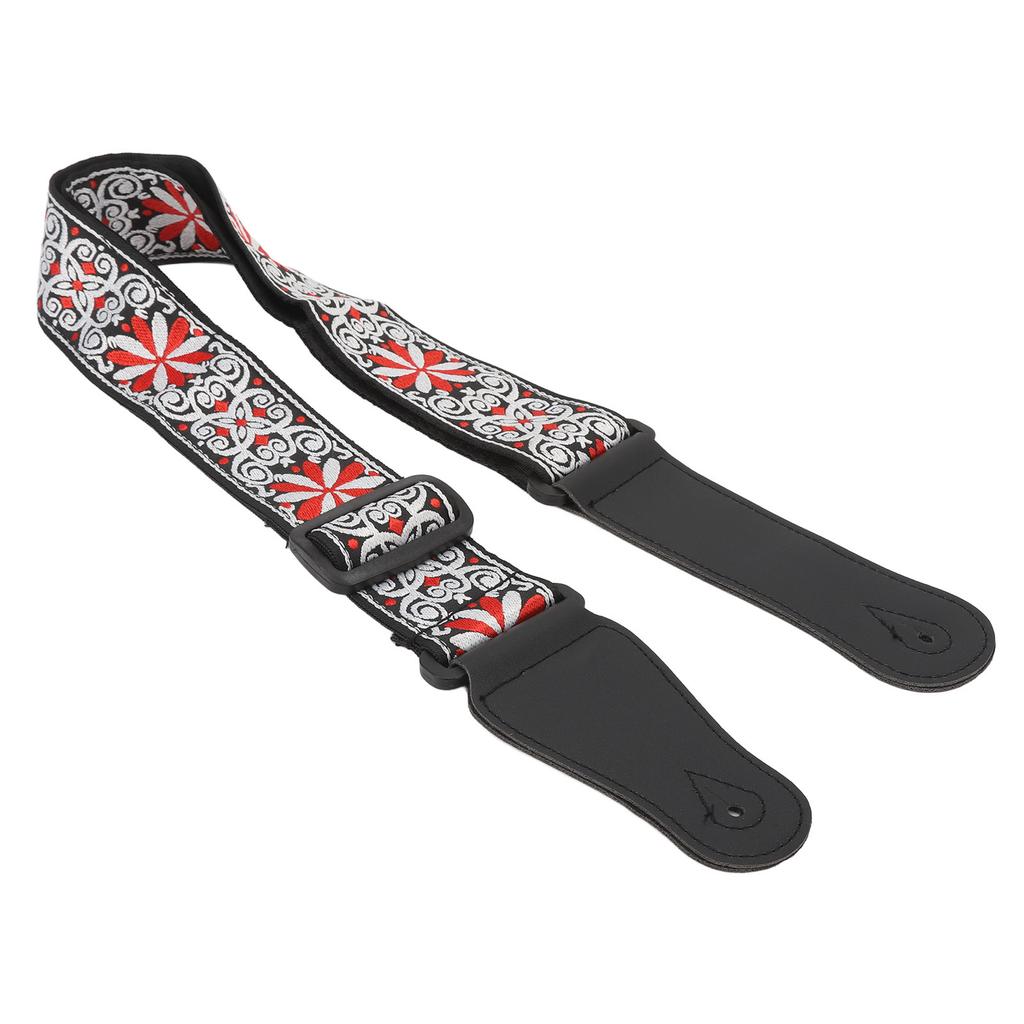Guitar Strap Leather Embroidered Thickened Wear Resistant Adjustable Length Belt Red